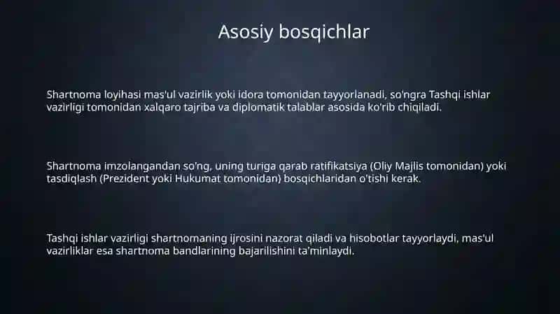 O'zbekiston Respublikasi xalqaro shartnomalarni tayyorlash tartibi va asosiy bosqichlari 3