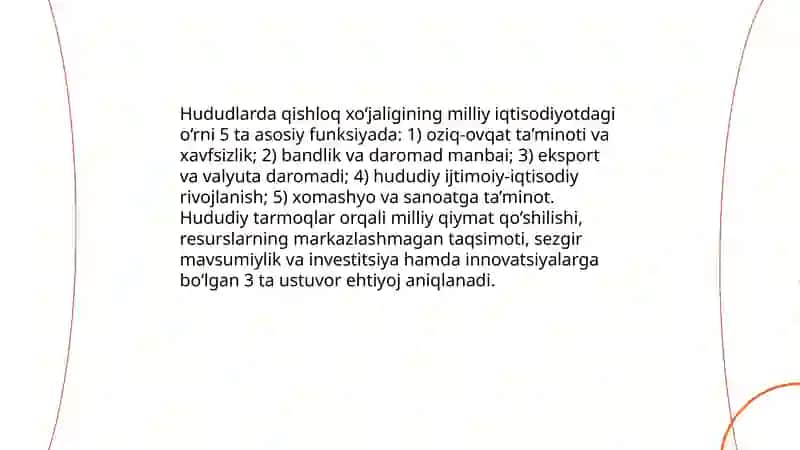 Hududlarda qishloq xo`jaligining milliy iqtisodiyotda tutgan o`rni 3
