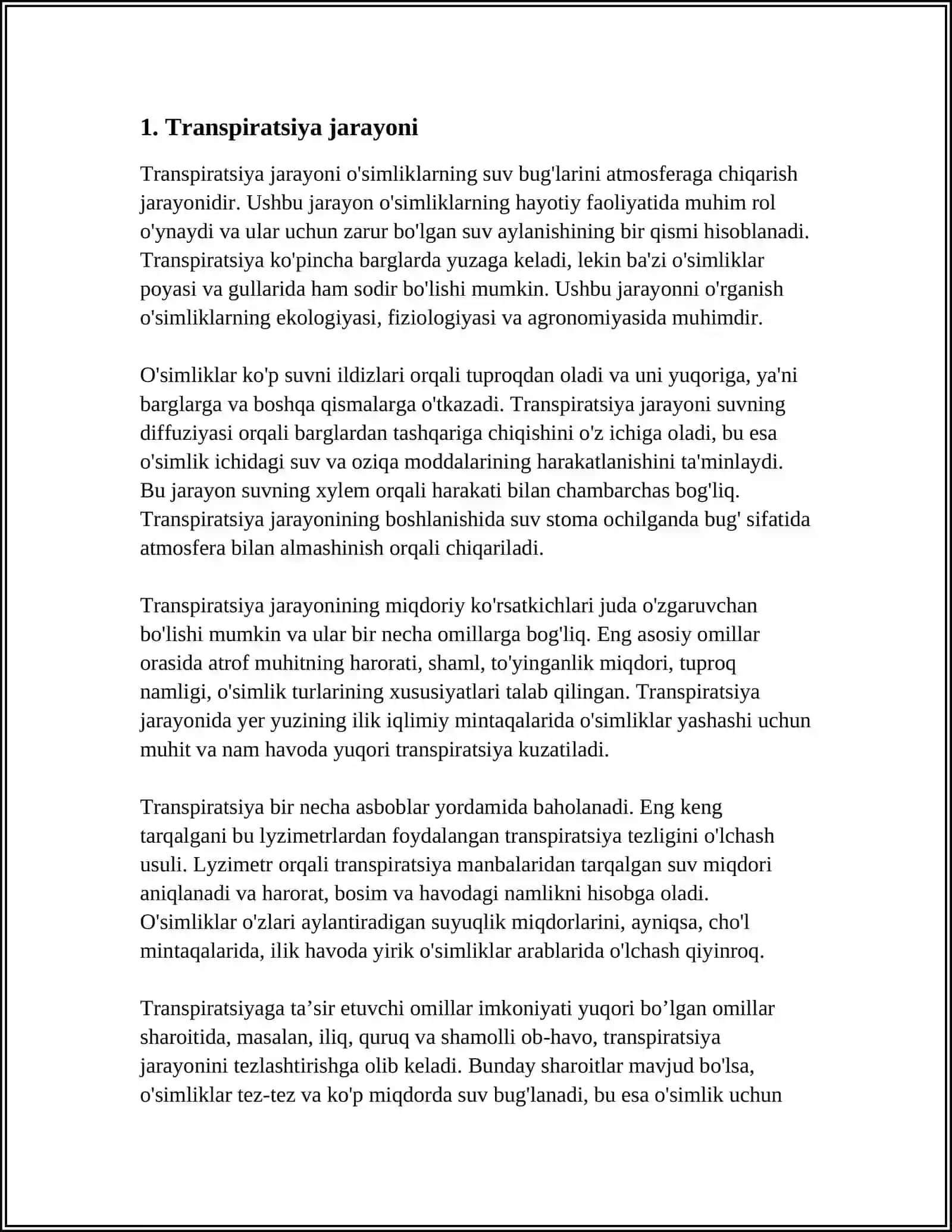 MUSTAQIL ISH Mavzu: TRANSPIRATSIYA XILLARI VA UNI BOSHQARISH MEXANIZMLARI 3