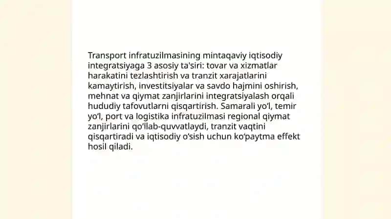 Transport sektori va iqtisodiy integratsiya jarayonlari 3