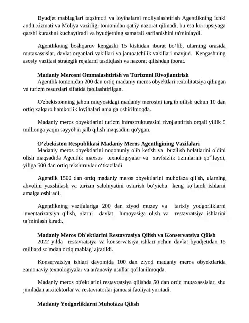 O'zbekiston Respublikasi Madaniy meros agentligi faoliyati bilan tanishish 3