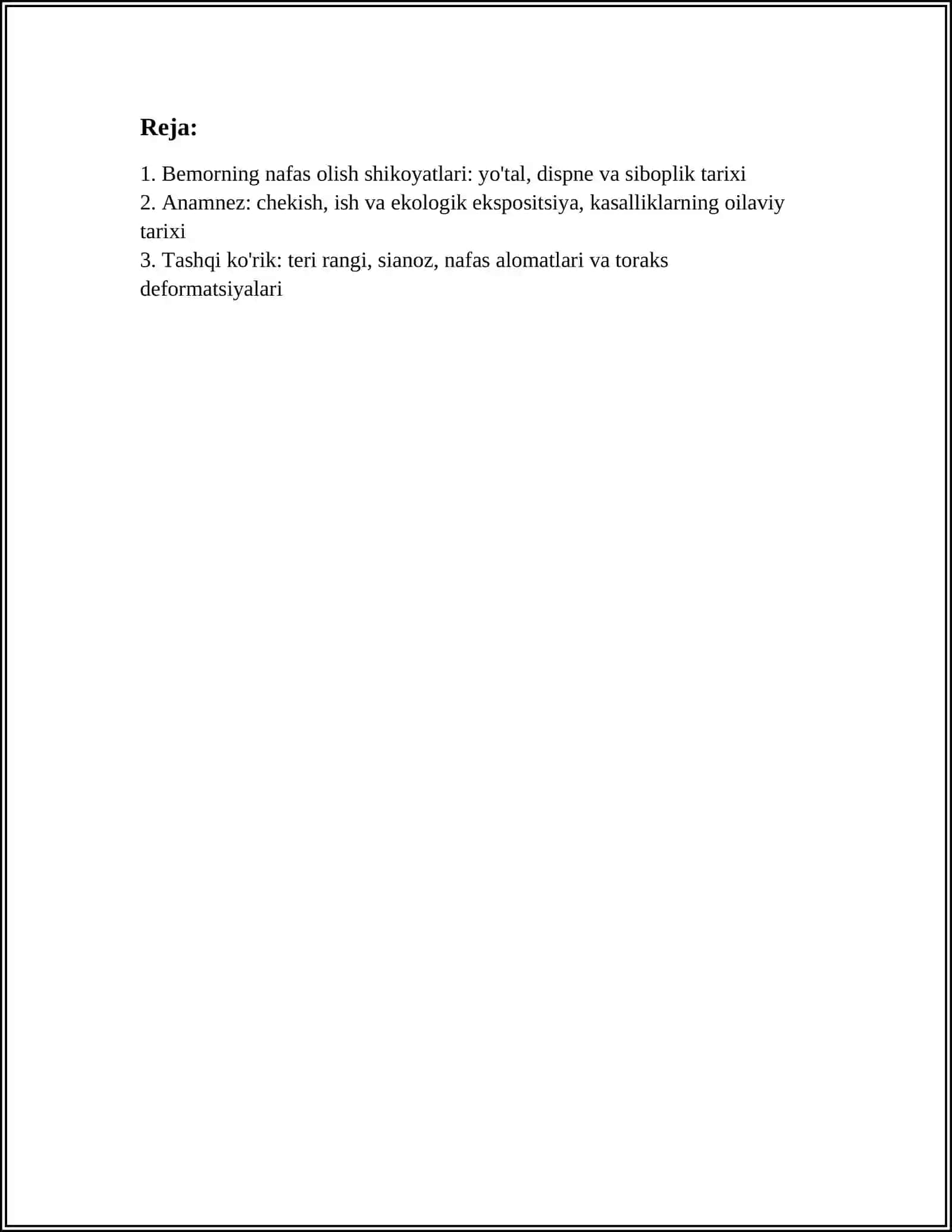 NAFAS A'ZOLARI KASALLIKLARI BILAN BEMORLARNI TEKSHIRISH. SO'RAB-SURISHTIRISH. KO'ZDAN KECHIRISH. KO'KRAK QAFASINI PALPATSIYASI VA PERKUSSIYASI. O'PKA AUSKULTATSIYASI: ASOSIY VA QO'SHIMCHA NAFAS SHOVQINLARI. LABORATOR VA ASBOB-USKUNALAR 3