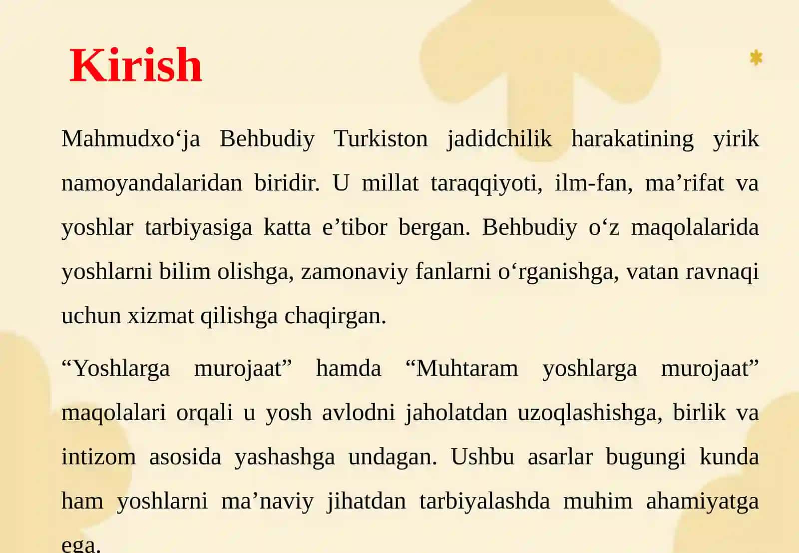 Mahmudxo‘ja Behbudiyning “Yoshlargamurojaat” va “Muhtaramyoshlargamurojaat” 3