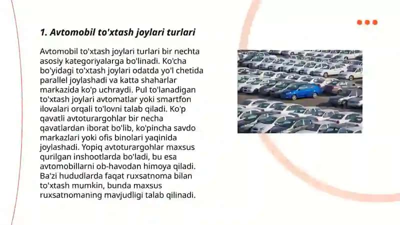 Avtomobil to'xtash joylari turlari 3