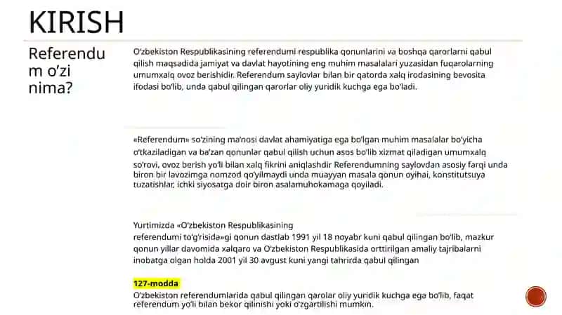 oʻzbekiston Respublikasida oʻtkazilgan referendumlar va ularning asosiy masalalari 3