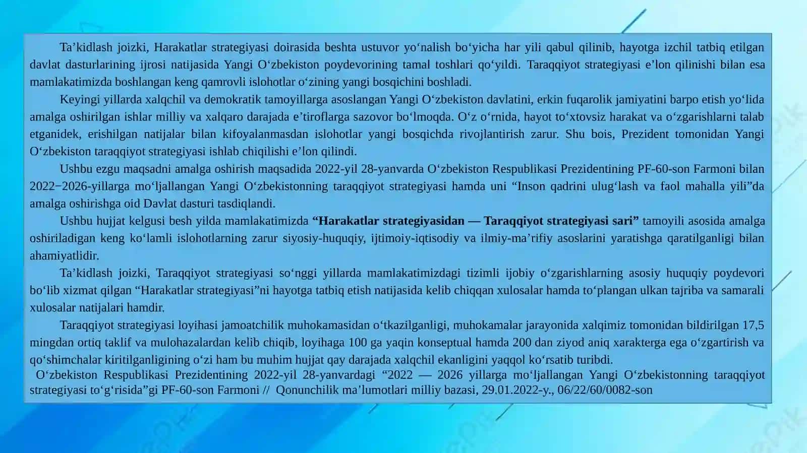 YANGI OʻZBEKISTONNING TARAQQIYOTSTRATEGIYASI – FAROVON KELAJAGIMIZKAFOLATI 3