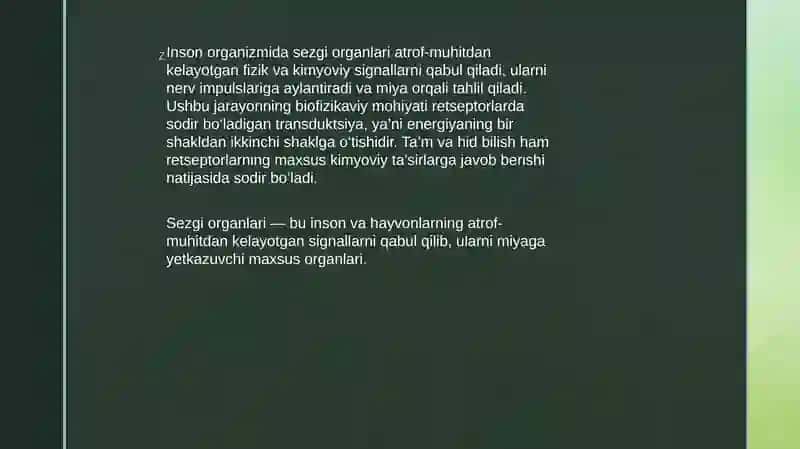 Retseptorlarda informatsiyalarni oʻzgartirilishining biofizikaviy mexanizmlari. Tam va hid bilish nazariyasining biofizikaviy asoslari 3