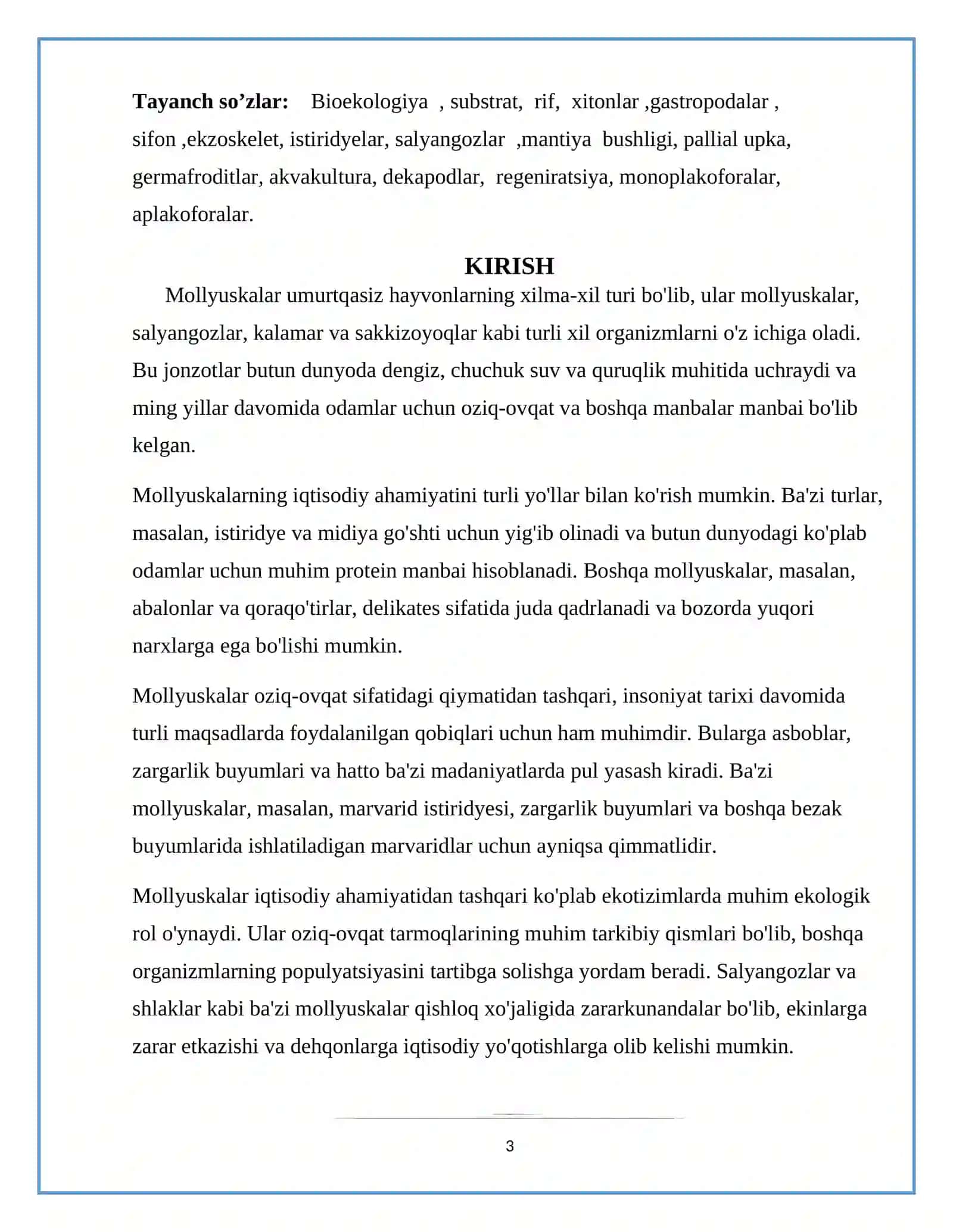 Mavzu: Ovlanadigan mollyuskalar, asosiy turlarining iqtisodiy ahamiyati 3