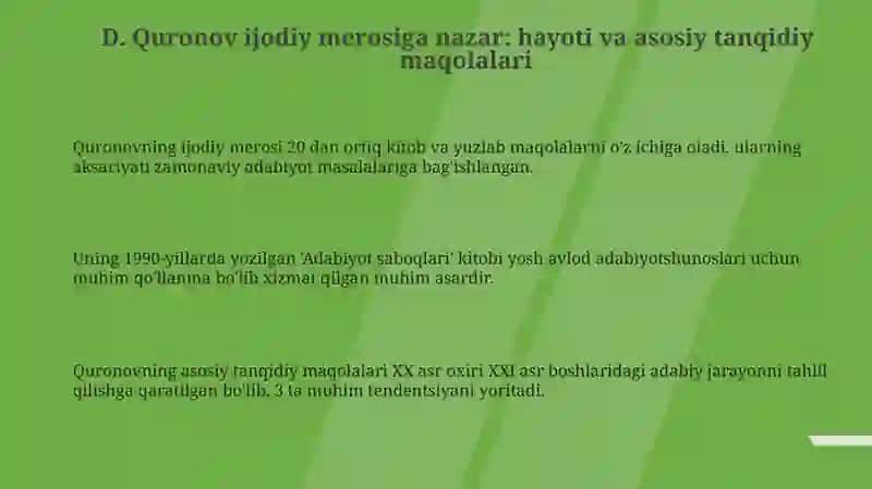 D.Quronovning hozirgi adabiy jarayon haqidagi tanqidiy maqolalari 3