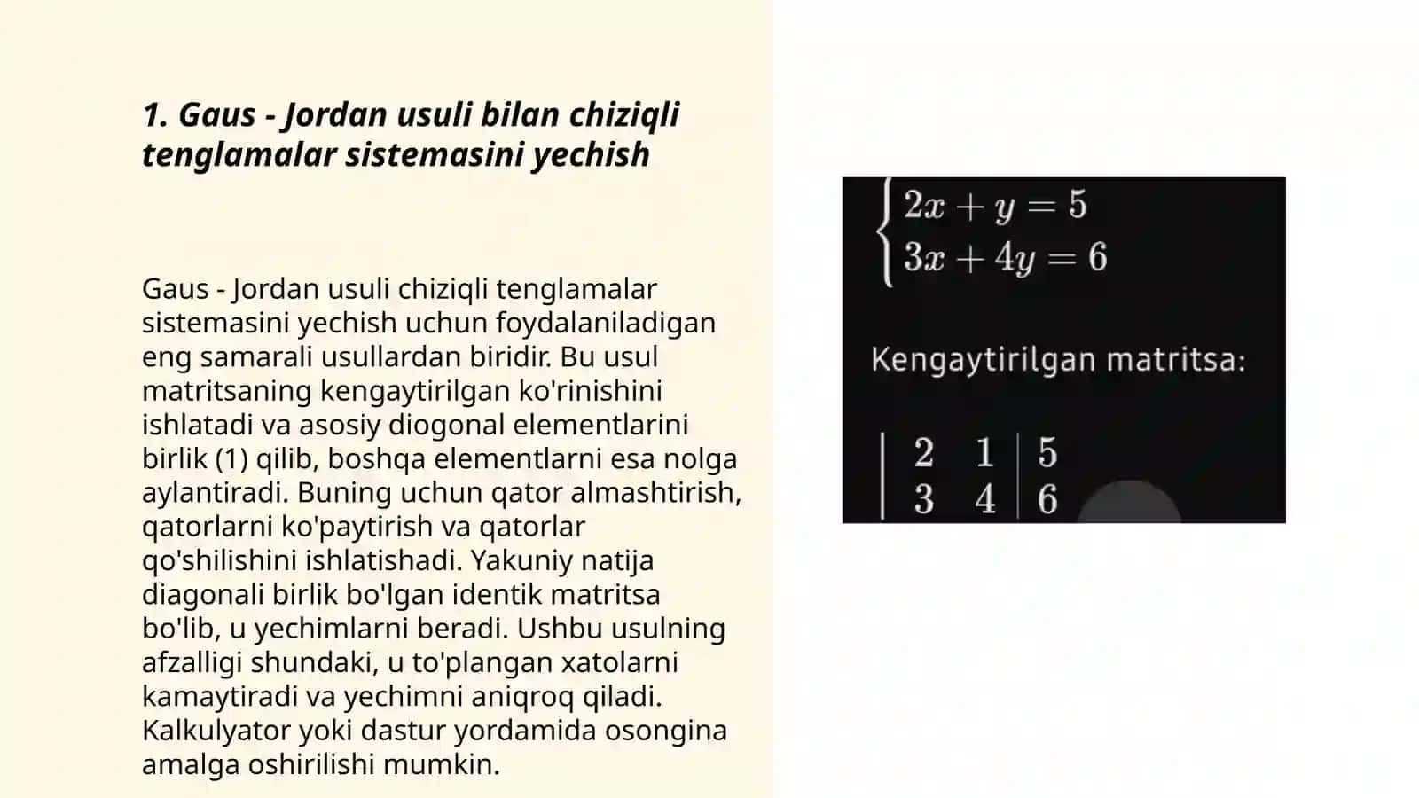 Chiziqli tenglamalar sistemasini gavuus usulida yechish 3