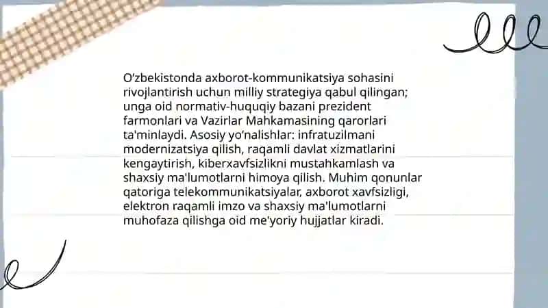 Oʻzbekistonda axborot kommunikatsiya sohasini rivojlantirishdagi asosiy yoʻnalishlari amaldagi qonunlar Oʻzbekiston respublikasi prezidenti farmonlari va vazirlar mahkamasining qarorlari 3
