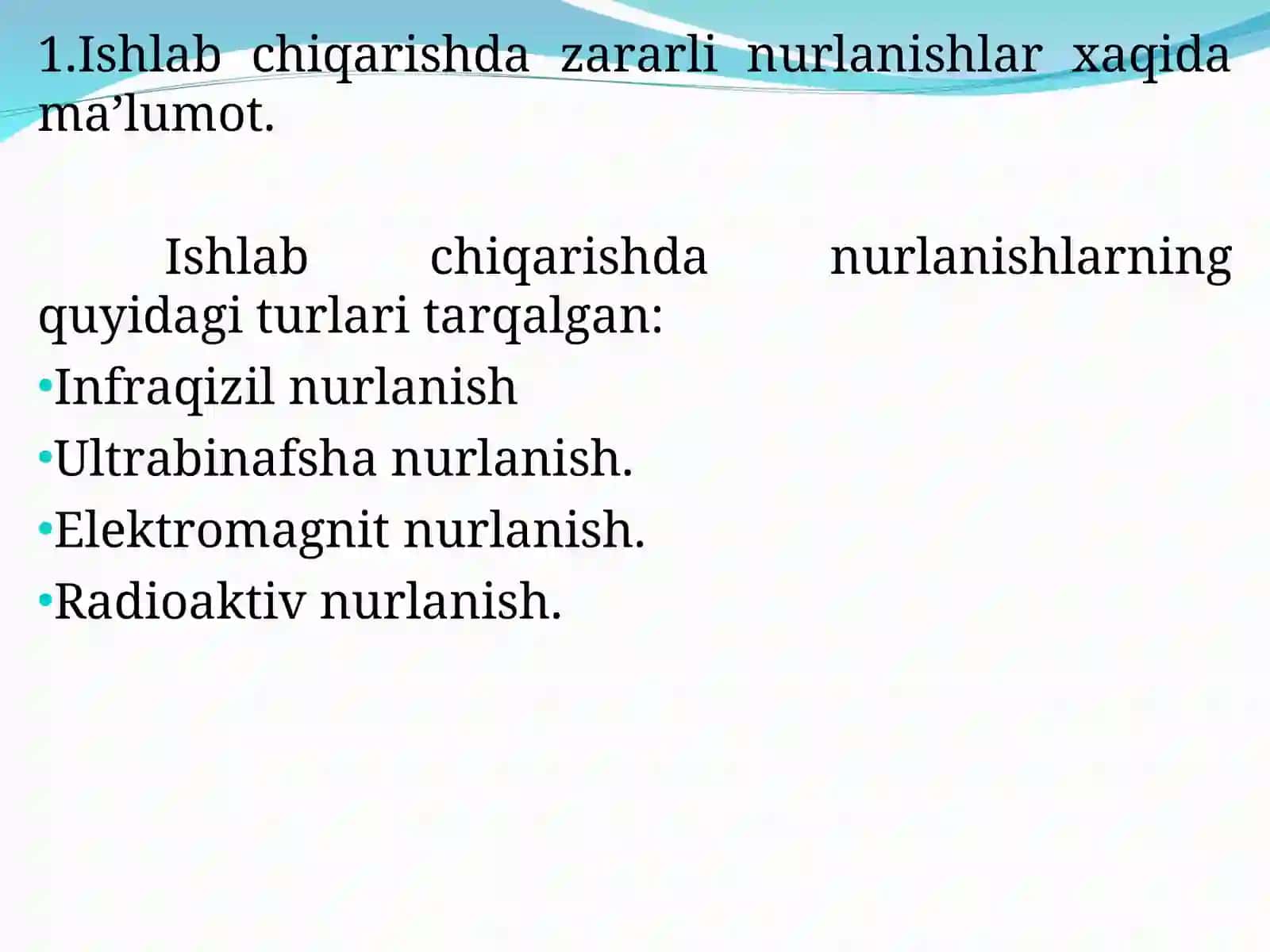 Ishlab chiqarishda zararli nurlanishlar, elektr magnit maydon ularning hususiyatlari va inson organizmiga ta’siri 3