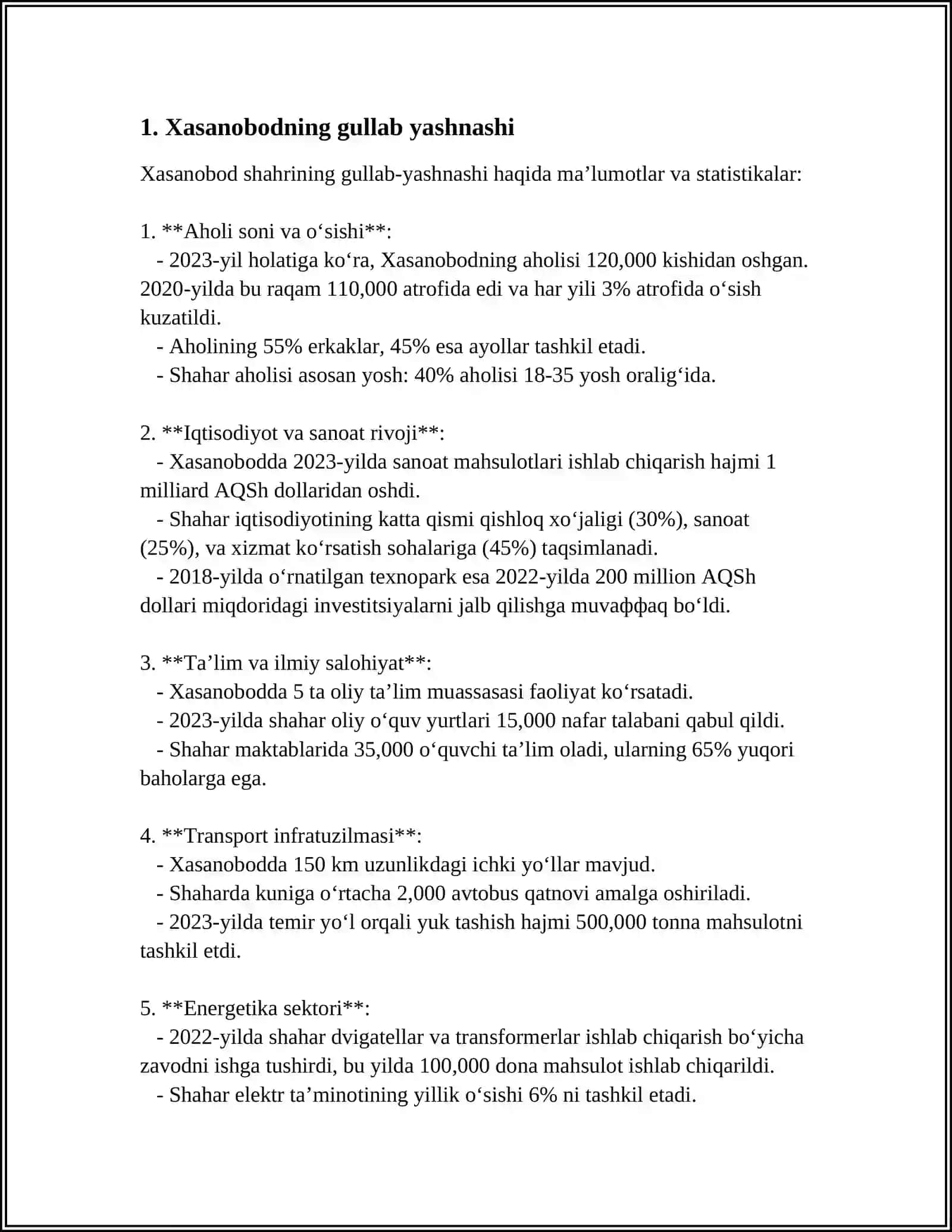 Xasanobodning gullab-yashnashi haqida ma’lumotlar va statistikalar 3