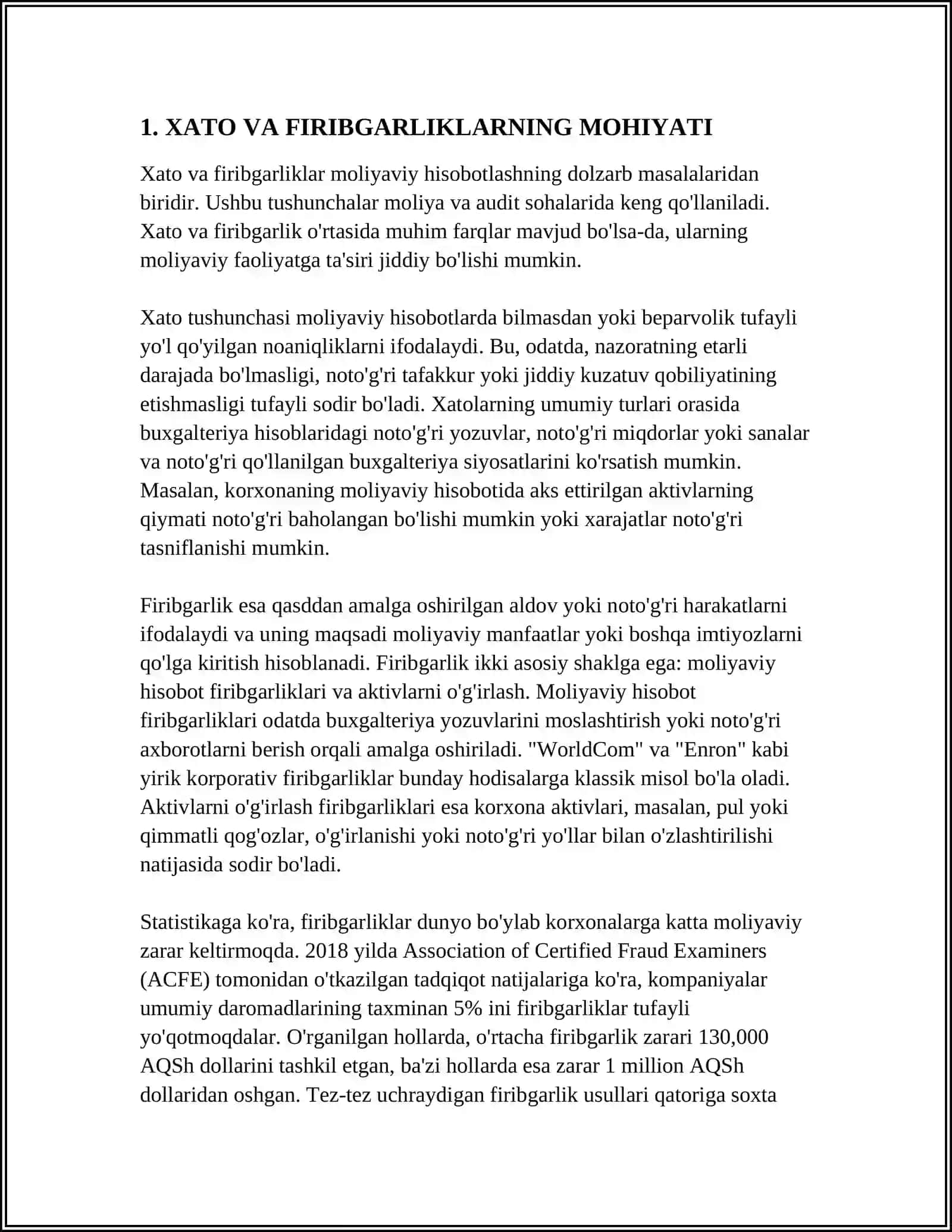 XATO VA FIRIBGARLIKLAR MAVJUD HOLAT VA JARAYONLARNI TAHLIL QILISH MUSTAQIL ISH 10 LISTGA MO‘LJALLANGAN GRAFIKALAR VA ISH BO‘YICHA HUJJATLAR BILAN 3