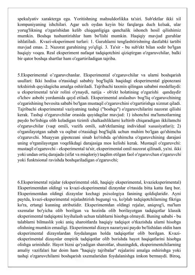 eksperimental psixologiya. Tadqiqotning eksprimental strukturasi. Eksperimental tadqiqotni rejalashtirish. 3