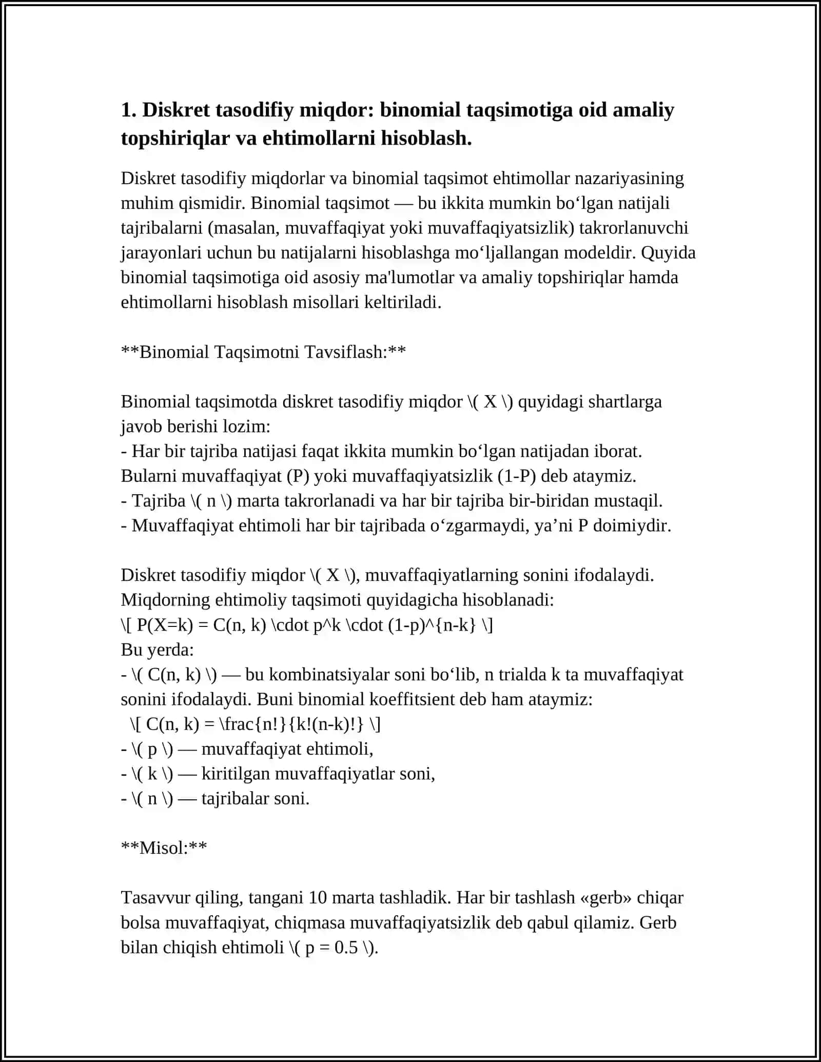 TASODIFIY MIQDORLAR VA ULARNING TAQSIMOT FUNKSIYALARIGA DOIR AMALIY TOPSHIRIQLAR 3
