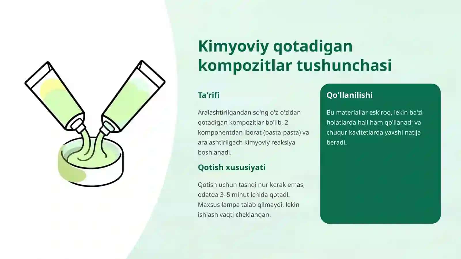 Kimyoviy yo'l bilan qotadigan kompozit plombalash materiallari 3