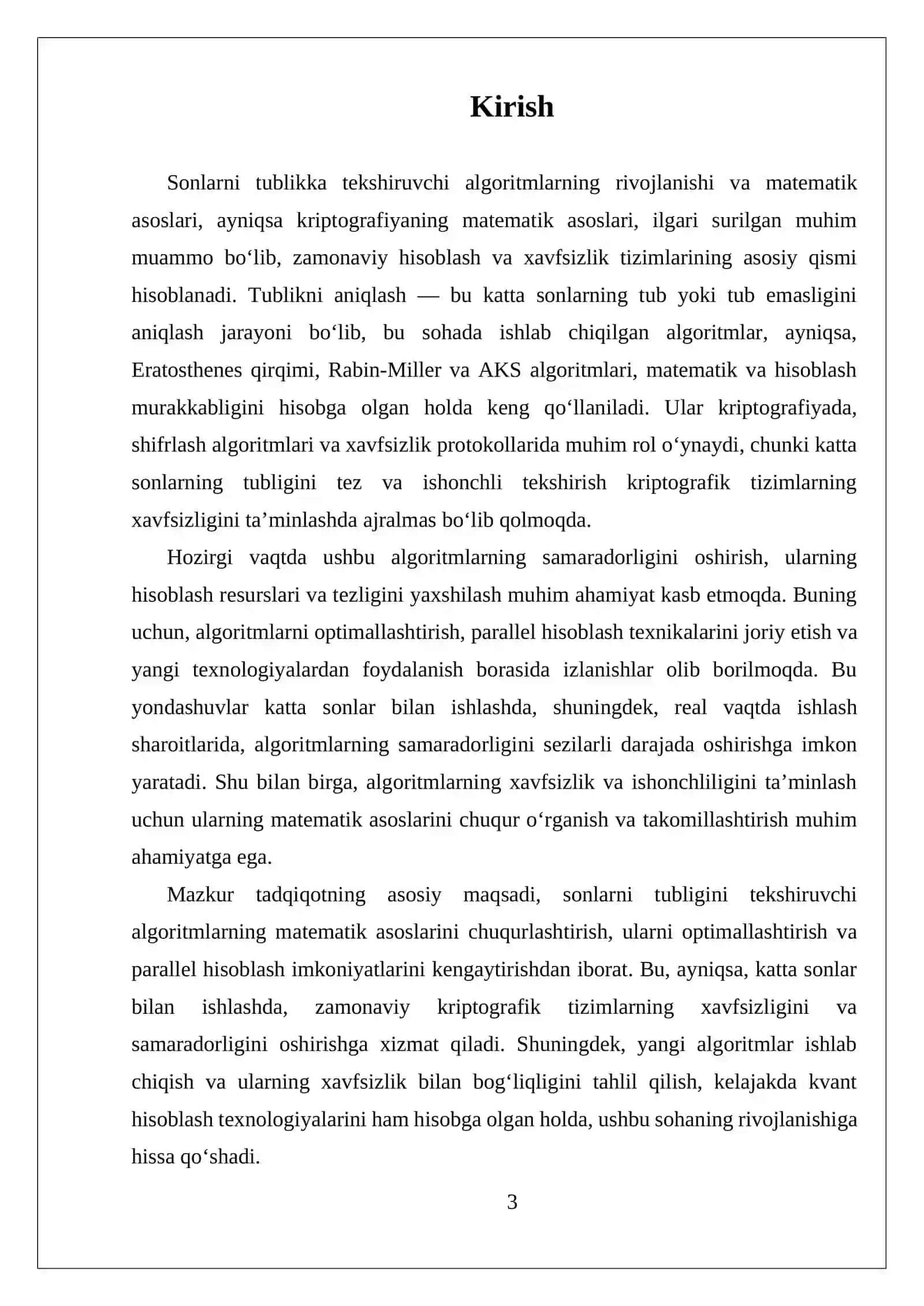 SONLARNI TUBLIKKA TEKSHIRUVCHI ANIQLASHTIRILGAN ALGORITMLARNING KOMPLEKS DASTURIY TA’MINOT ISHLAB CHIQISH 3