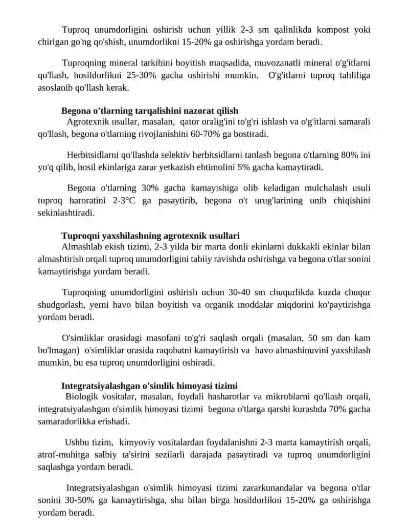Tuproq unumdorligini oshirish va begona o'tlarga qarshi kurashish chora tadbirlari 3