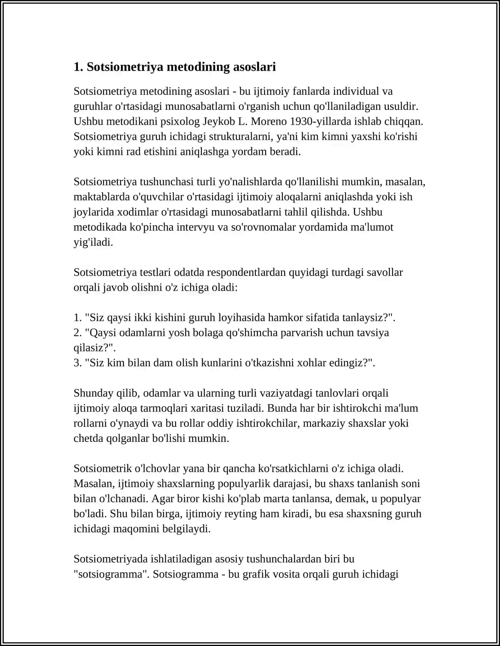 SOTSIOMETRIYA METODINING OZIGA XOS JIHATLARI VA UNING GURUHDAGI IQLIMNI ORGANISHDAGI AHAMIYATINI TAHLIL QILISH 3