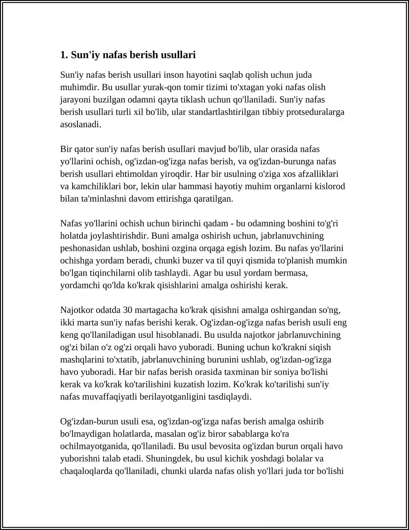 SUN’IY NAFAS BERISH VA YURAKNI MASSAJ QILISH (BIRINCHI YORDAM BERISH) USULLARINI O’RGANISH 3