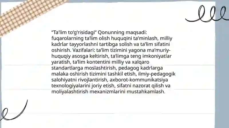 "Ta'lim toʻgʻrisidagi" Qonun "Kadrlar tayyorlash milliy dasturi" mazmun mohiyati 3