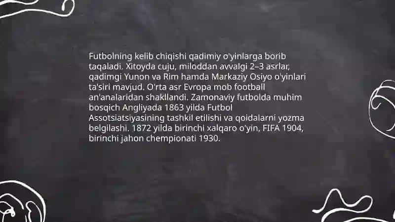 Futbol sportining kelib chiqishi, oʻyin qoidalari ommaviyligi oʻzbek futbolidagi yangiliklar 3