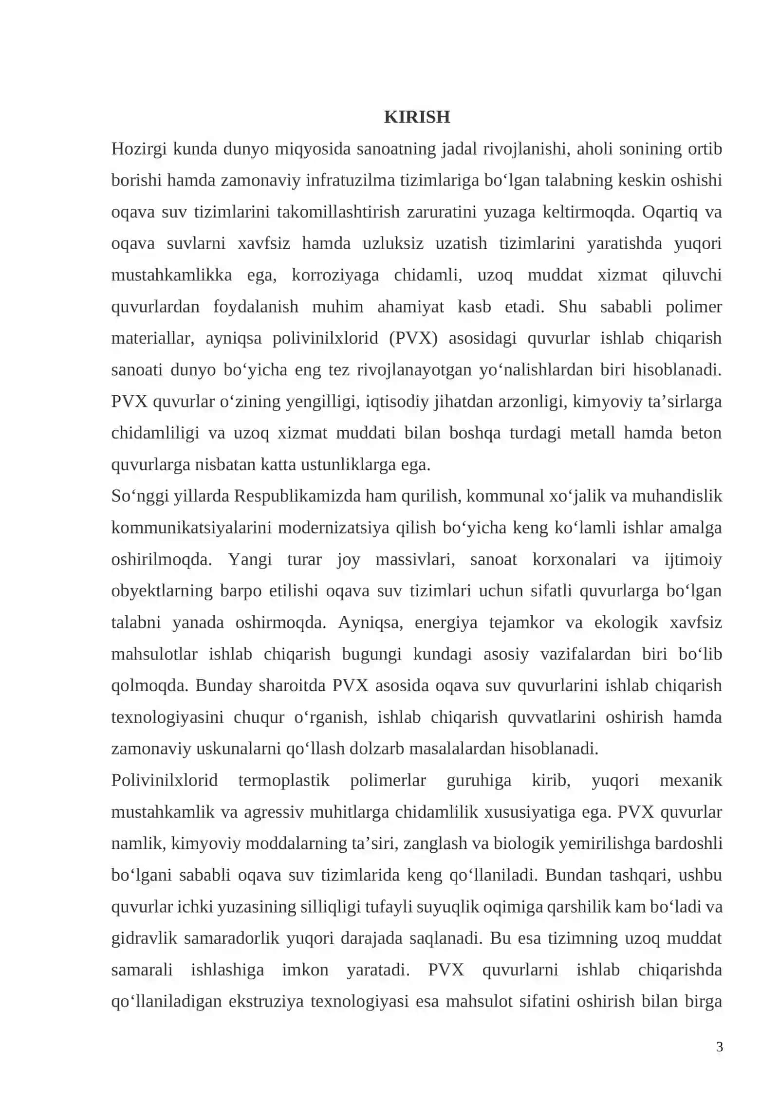 PVX asosida oqava suvlar uchun quvur ishlab chiqarish texnologiyasi(ishlab chiqarish quvvati yiliga 9 000 000 p.m.) 3