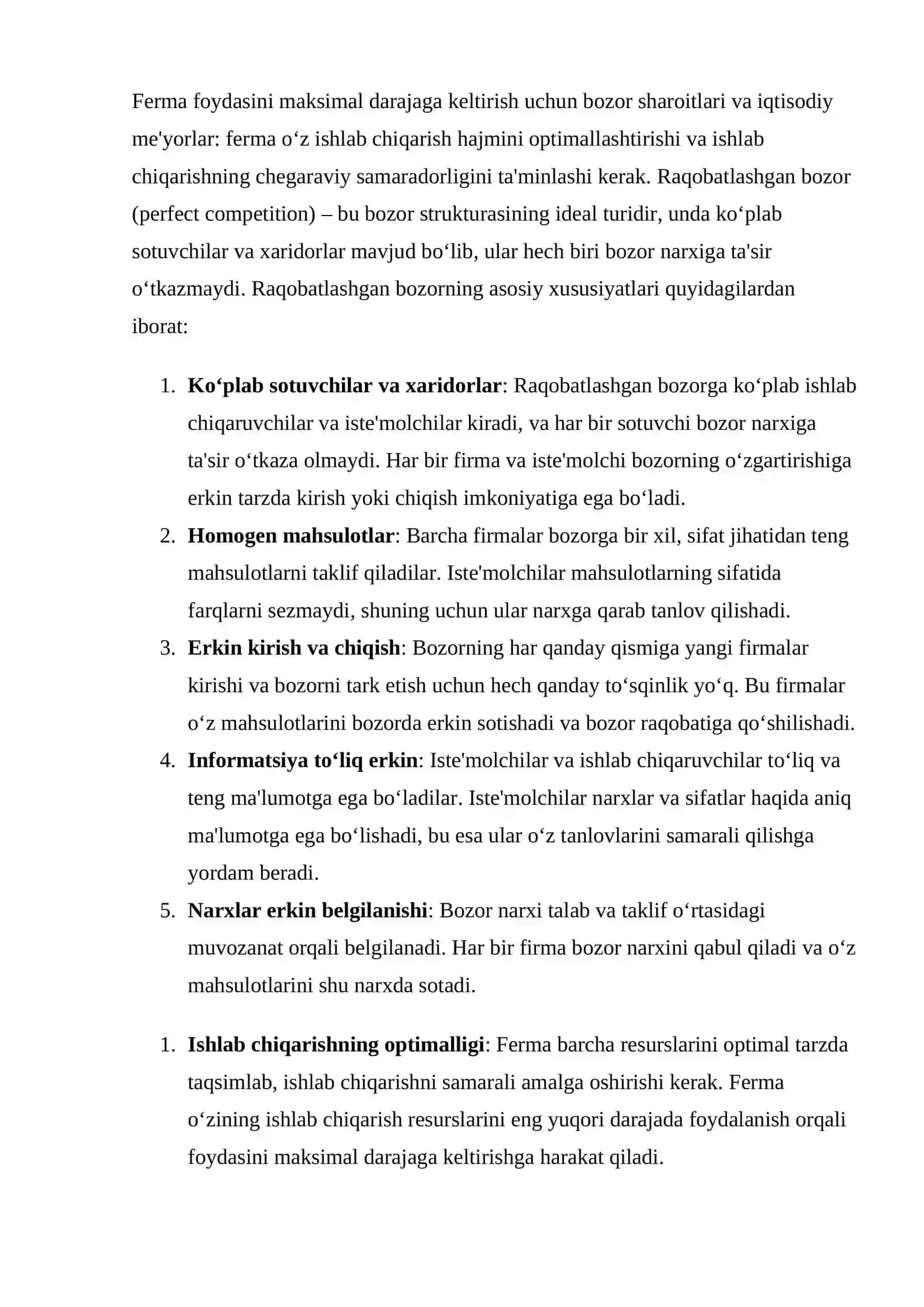 Raqobatlashgan bozor sharoitida qisqa muddatli oraliqda ferma foydasini maksimal darajaga keltirish va uning taklifi 3