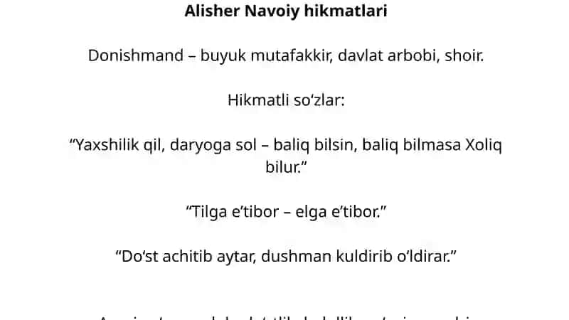 OʻZBEK MILLIY YOZUVCHILARI VA DONISHMANDLARNING HIKMATLI SOʻZLARI 3