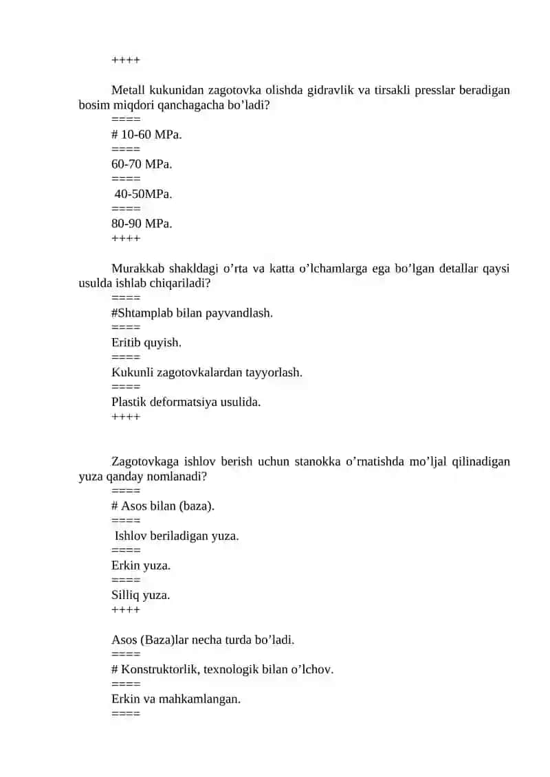 Metallarga ishlov berish usullari bo'yicha test savollari 3