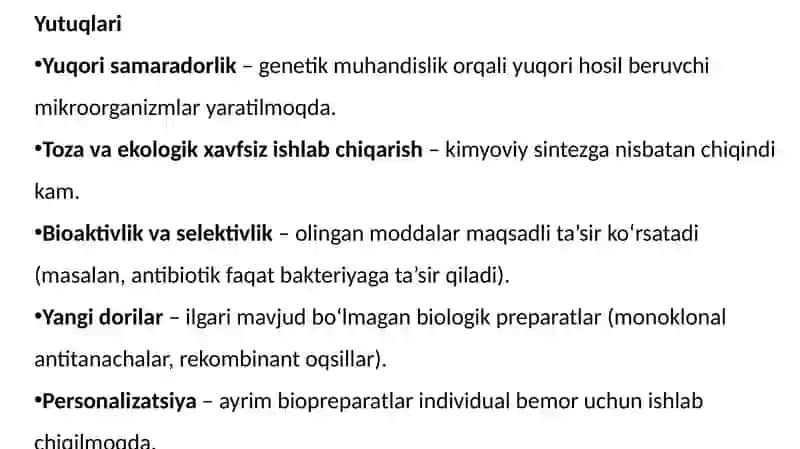 Biopreparatlar ishlab chiqarish sanoatida biologik faol moddalarni biotexnologik usullarda olishning o’ziga xos xavf – xatarlari, yutuqlari va maqsadlari. 3