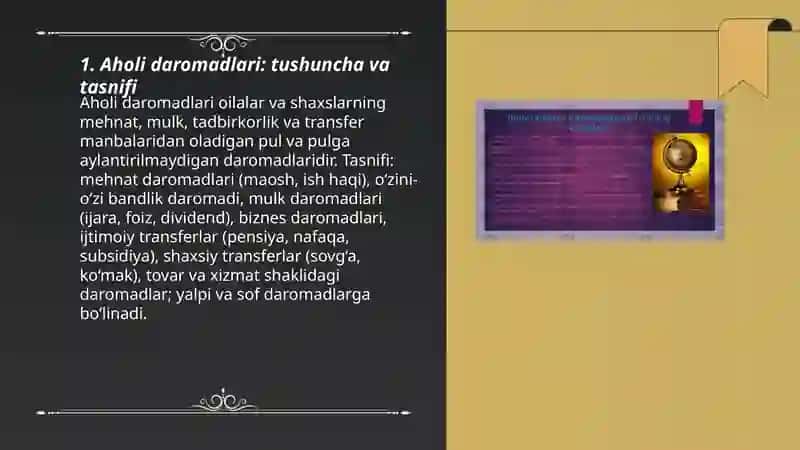 Aholi daromadlari va uning tarkibi. Aholi turmush darajasi va uning koʻsatkichlari 3