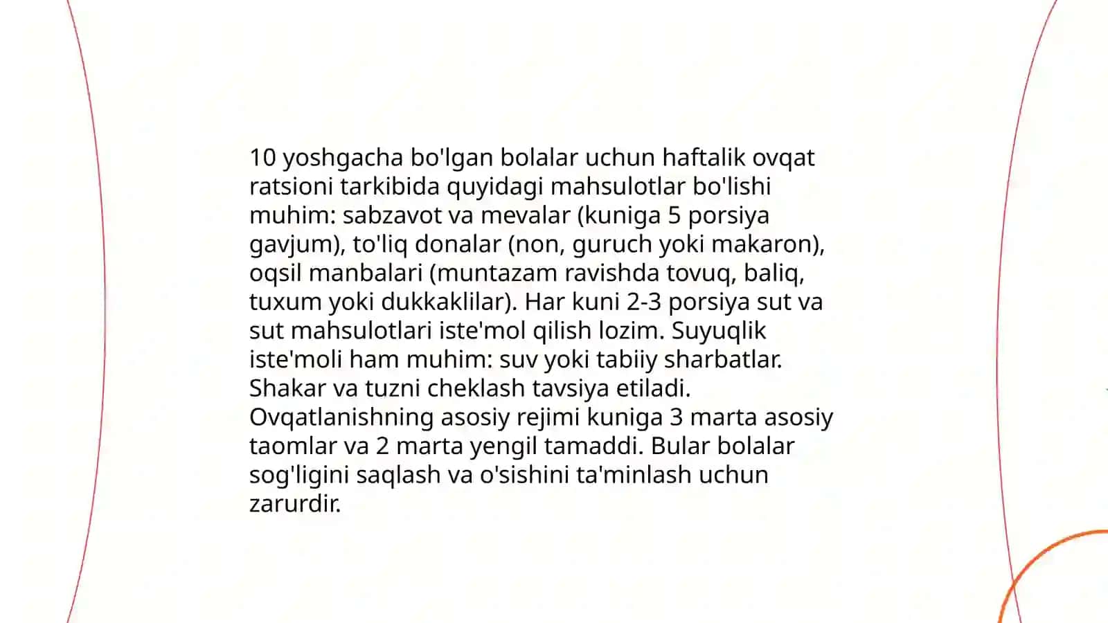 Reja: 10 yoshgacha bo'lgan bolalar uchun haftalik ovqat ratsiyonida e'tiborga olinishi kerak bo'lgan mahsulotlar va ovqatlanish rejimi 3