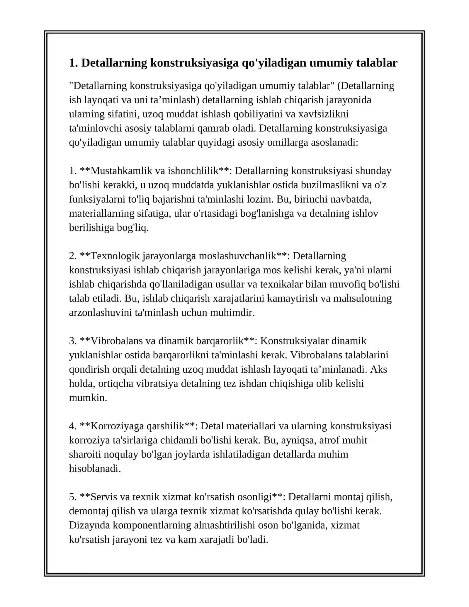 DETALLARNING KONSTRUKSIYASIGA NISBATAN QO'YILGAN ASOSIY TALABLAR. DETALLARNING ISHLASH LAYOQATI VA UNI TA’MINLASH 3