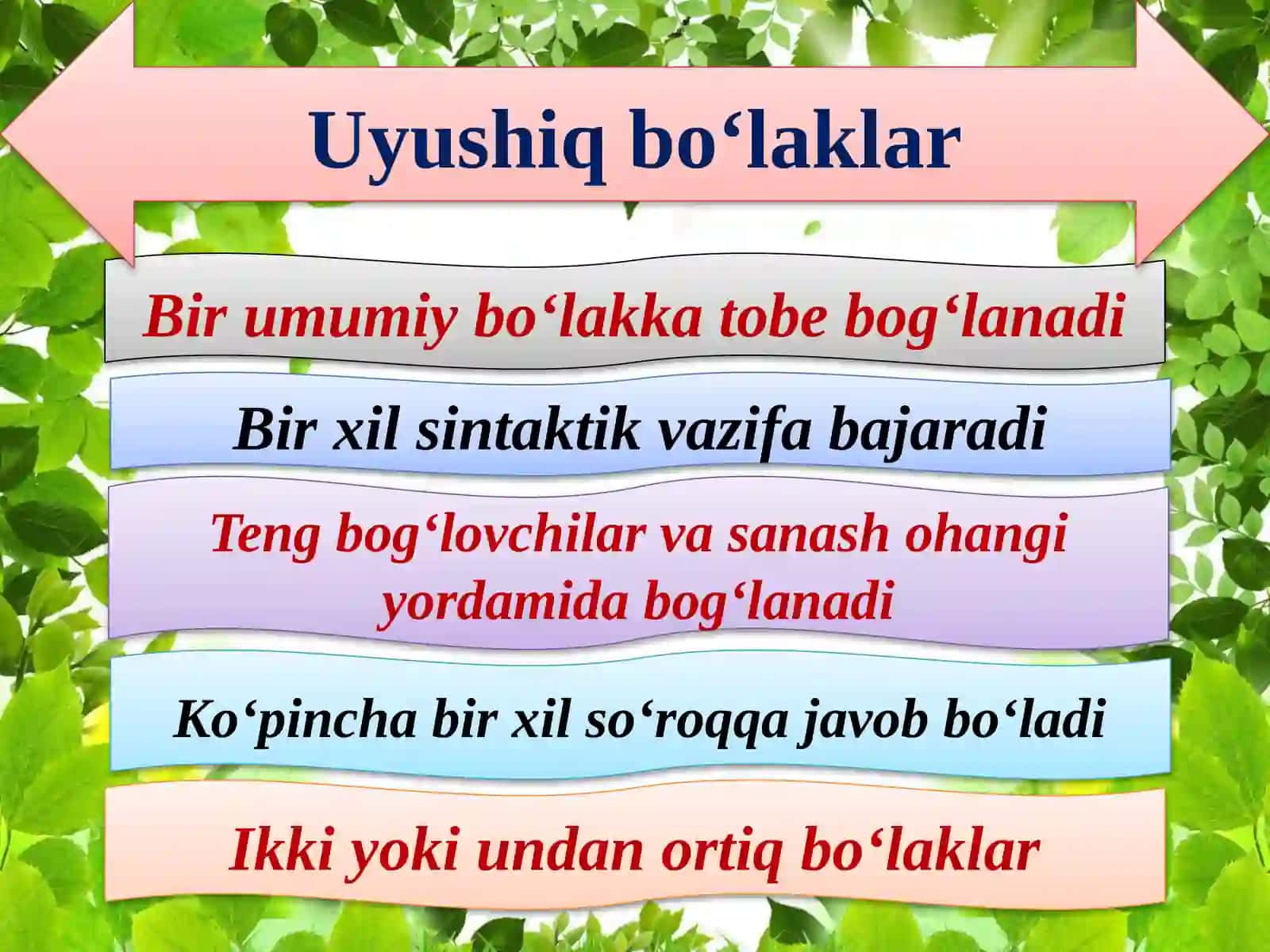 Gapning uyushiq bo’laklari; uyushishning ifoda vositalari: sanash ohangi va teng bog‘lovchilar 3