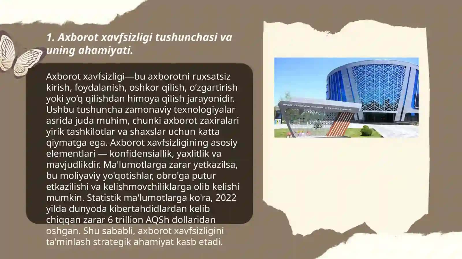 Axborot xavfsizligi va axborotni muhofaza qilish tushunchalari hamda O'zbekiston Respublikasida axborotlashtirish va axborot xavfsizligi bo‘yicha normativ huquqiy hujjatlar haqida referat va taqdimot tayyorlash 3