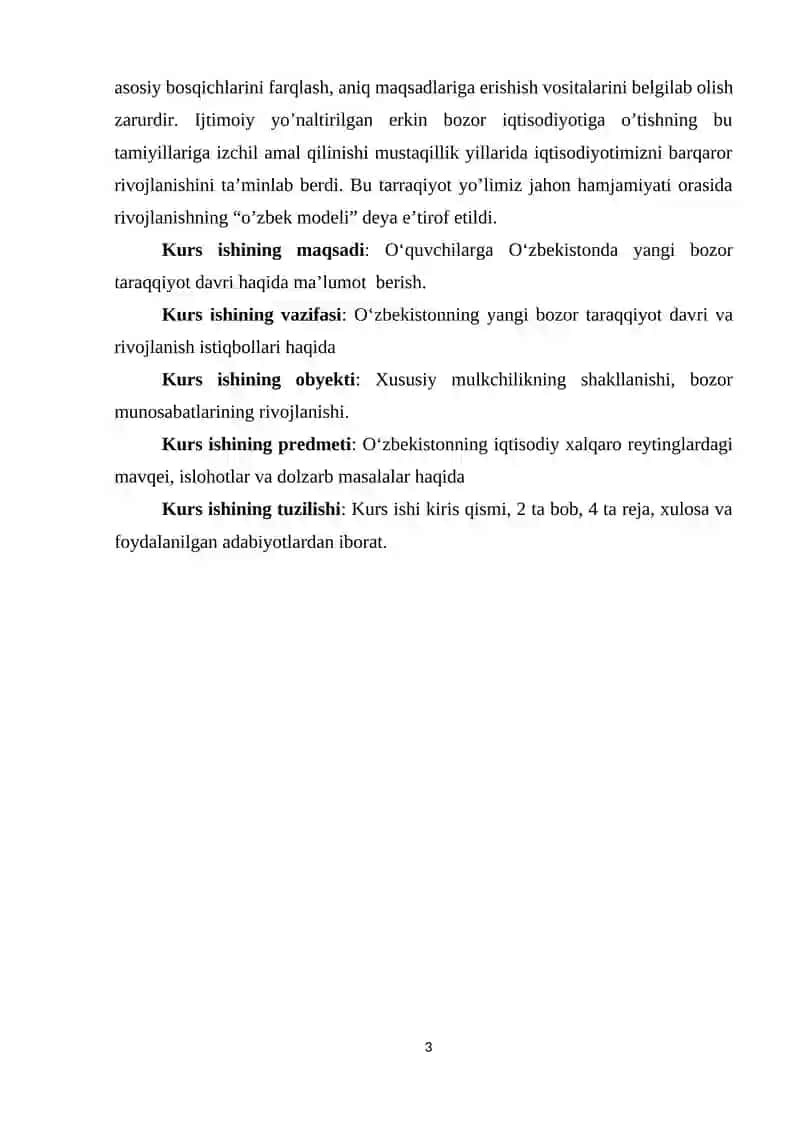 O‘zbekistonda iqtisodiy islohotlar, xususiy mulkchilikning shakllanishi, bozor munosabatlarining rivojlanishi. 3