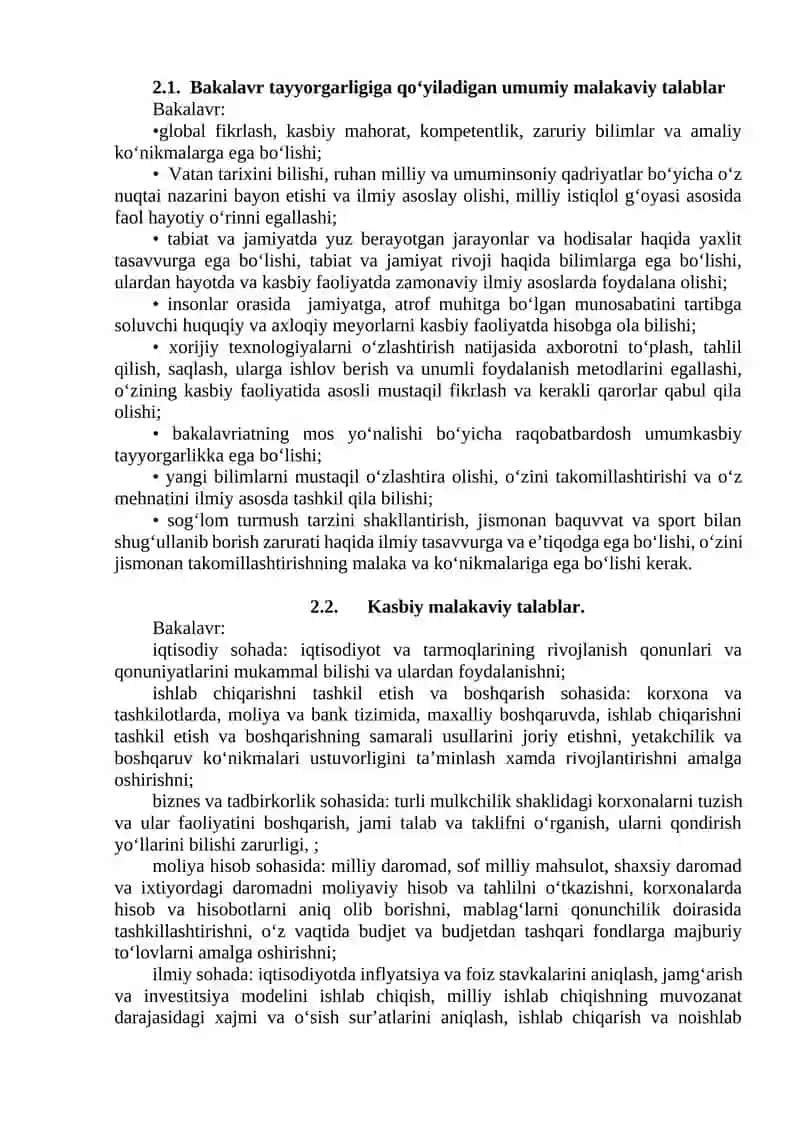 OLIY TA’LIM SOHASIDA BAKALAVRIATLARINING MAZMUNI VA TAYYORGARLIK DARAJASIGA QO‘YILADIGAN TALABLAR 3