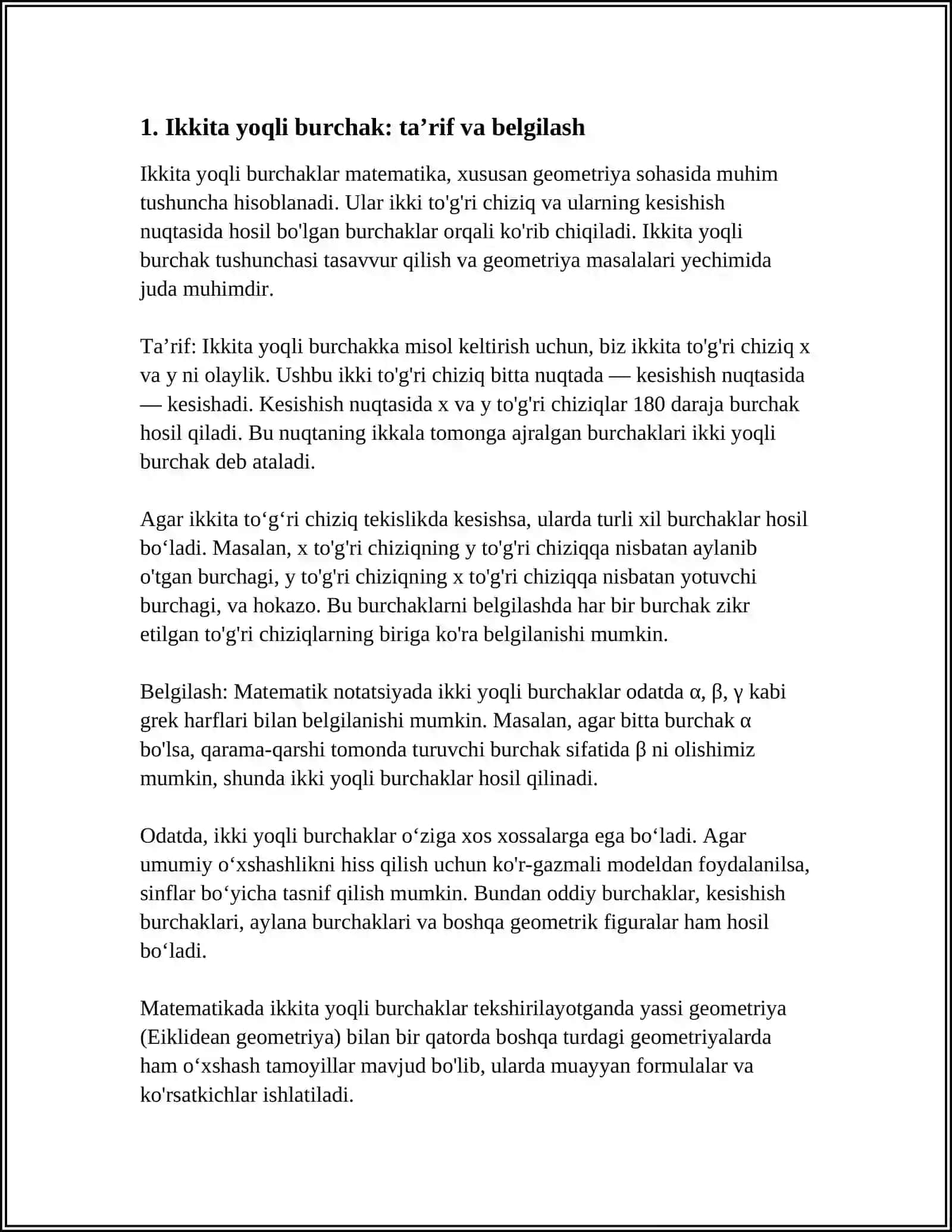 IKKI YOQLI, KOʻP YOQLI BURCHAKLAR VA ULARNING TEKIS BURCHAKLARI 3