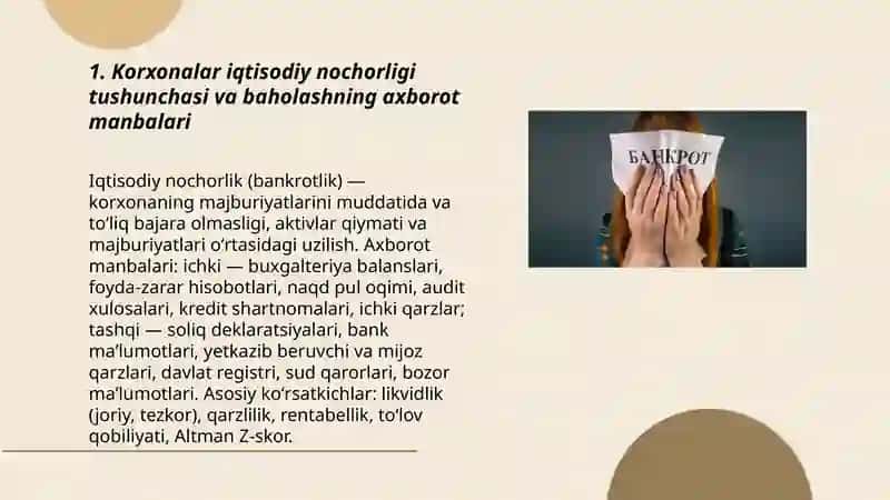 Korxonalar iqtisodiy nochorligi (bankrotligi)ni baholash va tahlil qilishning axborot manbalari va koʻrsatkichlar tizimi 3