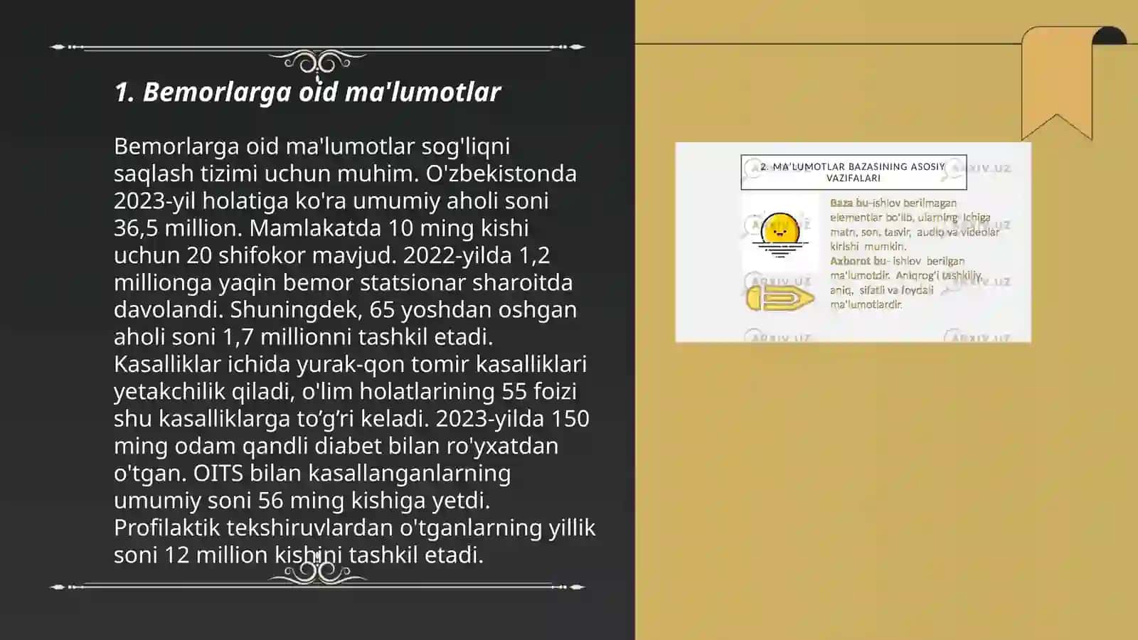 Ko‘p tarmoqli shifoxona ma’lumotlar bazasini loyihalash. Mohiyat – aloqa diagrammasini qurish (ER modeli) 3