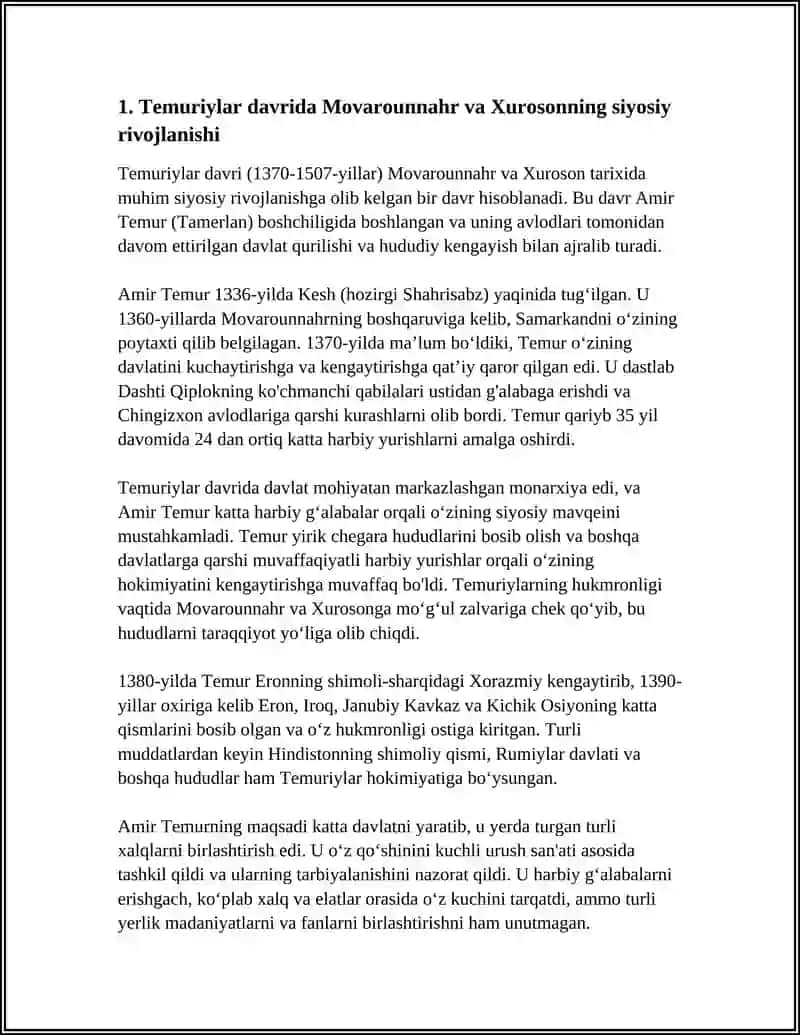 TEMURIYLAR DAVRIDA MOVOROUNNAHR VA XUROSON 3