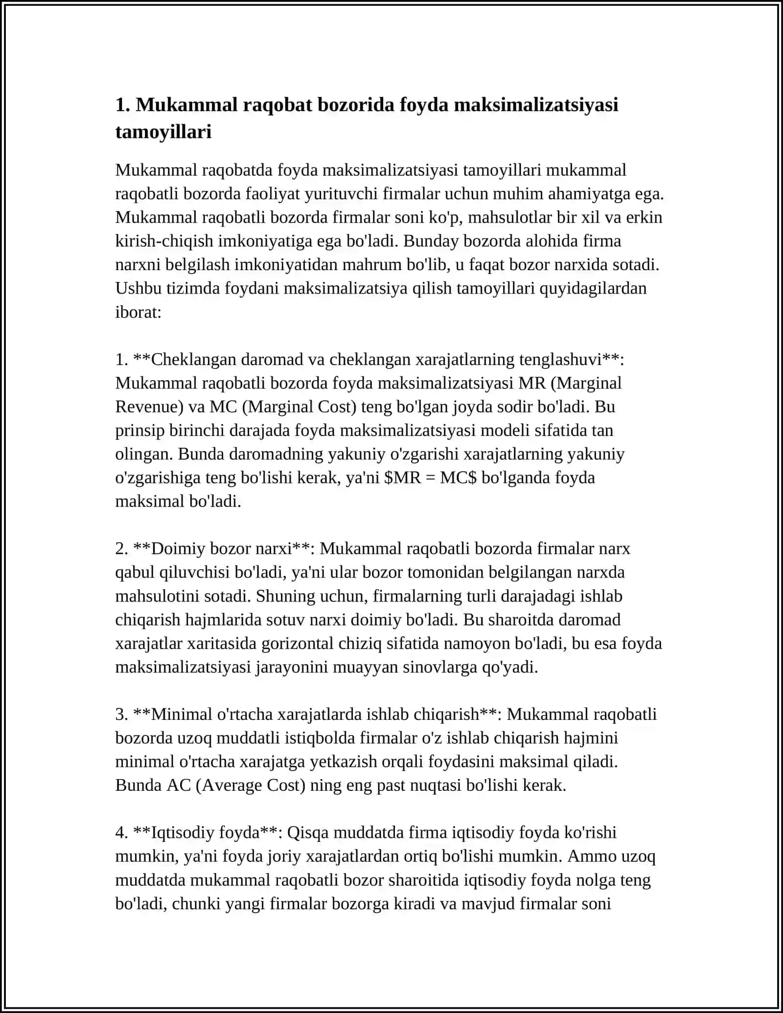 MUSTAQIL ISH: MUKAMMAL RAQOBATLI BOZORIDA FOYDANI MAKSIMALLASHTIRISH VA UZOQ MUDDATLI ISHLAB CHIQARISH QARORLARI 3