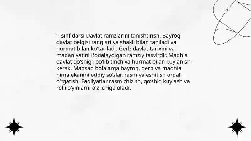 Tarbiya jarayonida davlat ramzlaridan foydalanish mavzusida 1-11-sinflar uchun dars ishlanmasi tayyorlash 3