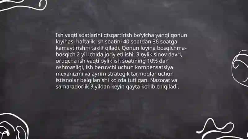 Ish vaqti soatlarini qisqartirish bo‘yicha yangi qonun loyihasi 3