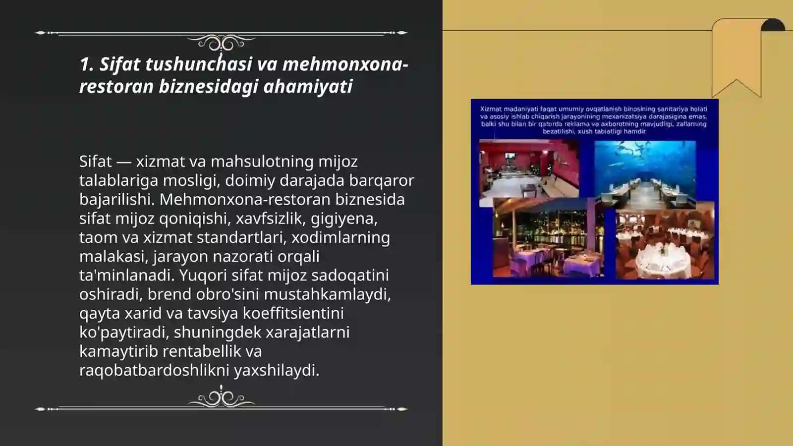 Mehmonxona va restoranlarda sifat xususiyatlari va uning amaliy ahamiyati 3