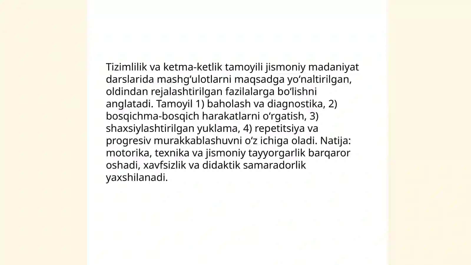 Jismoniy madaniyat taʼlimi jarayonining uslubiy tamoyillari. Harakatga oʻrgatish bosqichlari 3