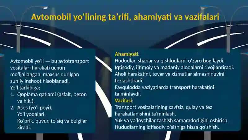 “Avtomobil yo‘llari haqida umumiy tushunchalar (O‘zbekiston Respublikasi misolida). Avtomobil yo‘llarini muhandisligida qidiruv ishlari tarkibi va turlari. Xarita masshtablari va shartli belgilar turlari.” 3
