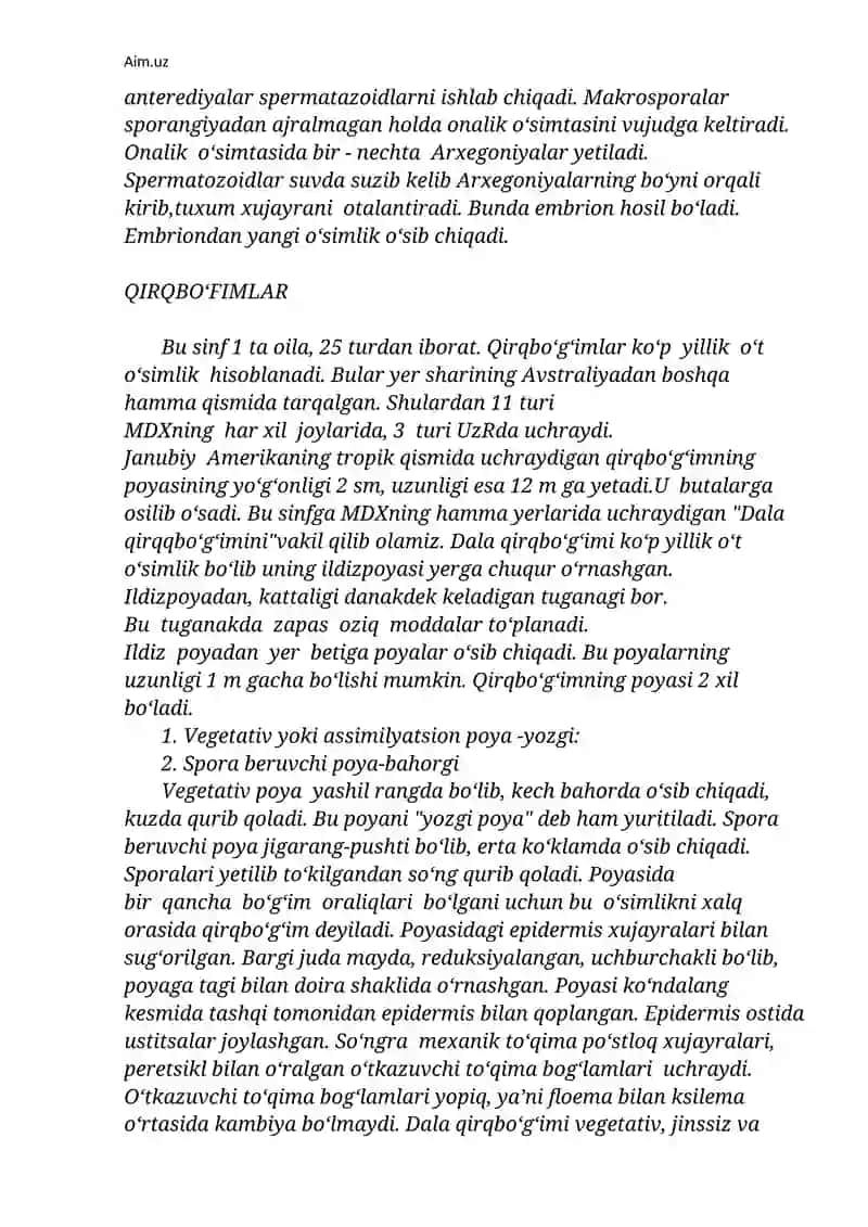 Qirqquloqsimonlilar. Yuksak o‘simliklar evolyutsiyasi. Ochiq urug‘lilar. 3